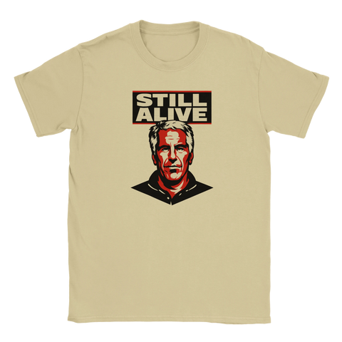 Beigefärgad t-shirt med spetsig politisk satir i grafisk stencilstil