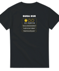Svart t-shirt med satirisk recension och en gul stjärna