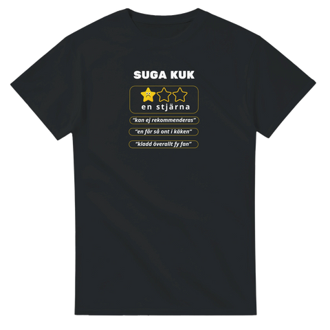 Svart t-shirt med satirisk recension och en gul stjärna