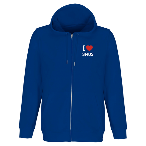 Grafiskt I Love Snus motiv i vitt och rött på kungsblå hoodie