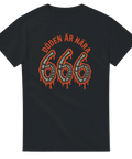 Ockult grafiskt tryck med skeletthänder formade som 666 och texten Döden är nära