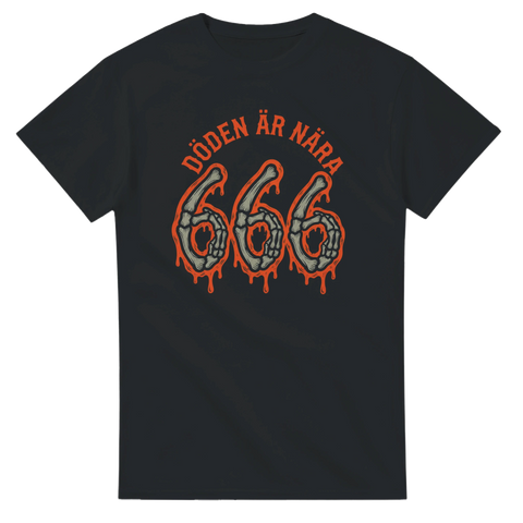 Ockult grafiskt tryck med skeletthänder formade som 666 och texten Döden är nära