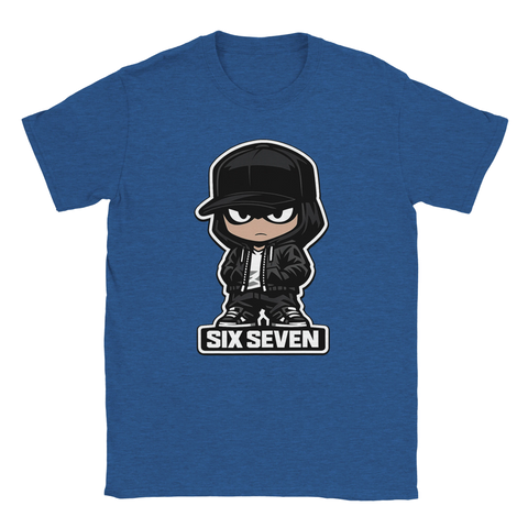 Melerad blå t-shirt med uttrycksfull chibi-design i streetwear-stil
