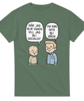 Grafiskt tryck med humoristisk ordväxling på en olivgrön t-shirt