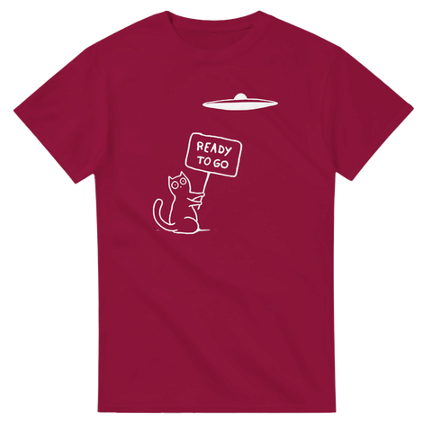 Satirisk design med rymdskepp och katt – t-shirt för sci-fi entusiaster