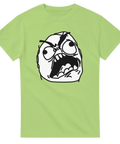 Arg Rage Guy seriefigur i svartvitt tryck på en ljusgrön t-shirt