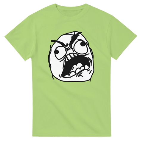 Arg Rage Guy seriefigur i svartvitt tryck på en ljusgrön t-shirt