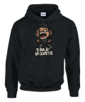 Svart hoodie med provocerande illustration och texten Dra åt helvete