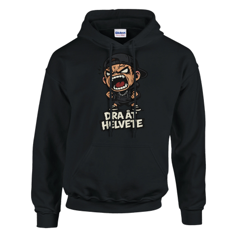 Svart hoodie med provocerande illustration och texten Dra åt helvete