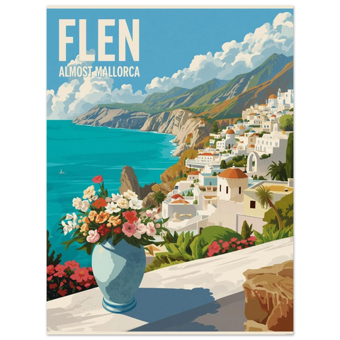 Närbild på en vintageinspirerad poster med motiv av en turkos vik, bergssluttningar och texten Flen i stora vita bokstäver.