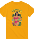 Gul t-shirt med färgstarkt retromotiv av kvinna i rosa bikini