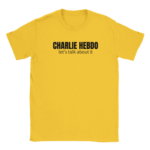 Charlie Hebdo let's talk about it" text på gul t-shirt, svart typografi.
