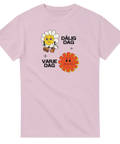 Satiriskt tryck "Dålig dag + Varje dag" med ledsen blomma och sur sol på ljusrosa t-shirt.