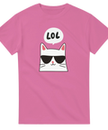 Tecknad vit katt med solglasögon och "LOL" i pratbubbla på rosa t-shirt.