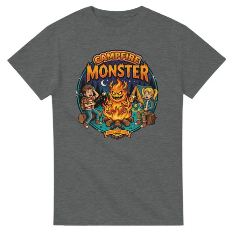 Vintageinspirerat motiv av barn vid en lägereld på mörkgrå t-shirt