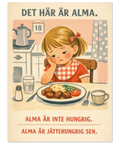 Retroillustration av flickan Alma som sitter vid ett matbord med köttbullar och ser skeptisk ut.
