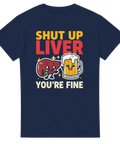 Tecknad illustration av en ledsen lever och glatt ölglas – rolig öl-t-shirt
