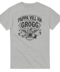 Gråmelerad t-shirt med retro-motiv av ett grogglas och texten Pappa vill ha grogg.