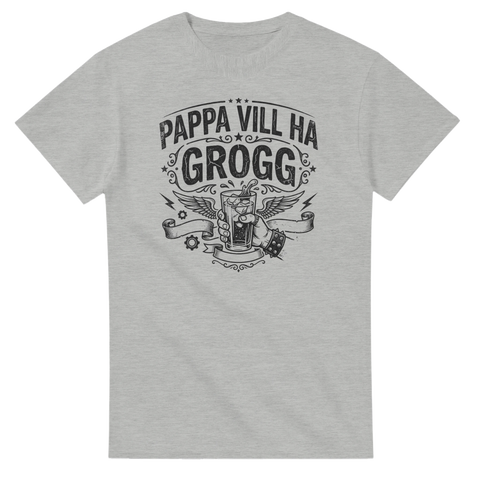 Gråmelerad t-shirt med retro-motiv av ett grogglas och texten Pappa vill ha grogg.