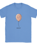 Nihilist-ballong med uttryckslöst ansikte och text på ljusblå t-shirt, minimalistisk design.