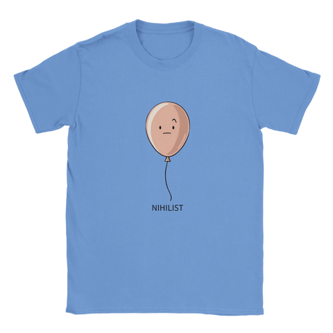 Nihilist-ballong med uttryckslöst ansikte och text på ljusblå t-shirt, minimalistisk design.
