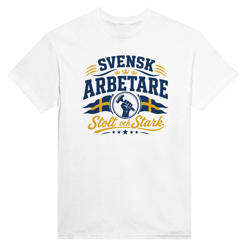 Grafiskt emblem med hammare och svenska flaggor – t-shirt för arbetare