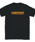 Humoristisk t-shirt med hamburgardesign och lager av ingredienser på svart tyg