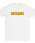 Ramen-text i bubblig stil med nudlar och ägg på vit t-shirt.