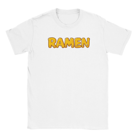 Ramen-text i bubblig stil med nudlar och ägg på vit t-shirt.