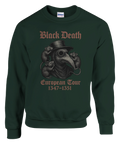 Pestdoktor med råttor, text "Black Death European Tour 1347-1351" på mörkgrön sweatshirt.