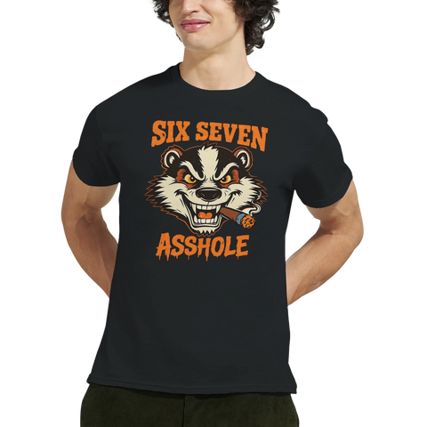 Tecknad grävling med cigarr och text "SIX SEVEN ASSHOLE" på svart t-shirt, retro humor.