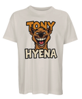 Beige t-shirt med en grafisk illustration av en galen hyena