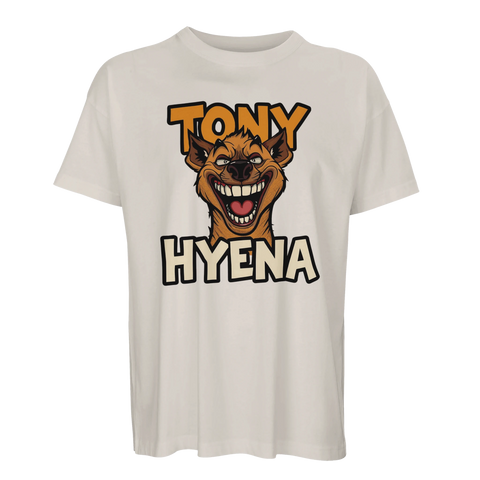 Beige t-shirt med en grafisk illustration av en galen hyena