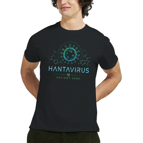 Man bär en svart t-shirt med neonfärgat Hantavirus Patient Zero tryck