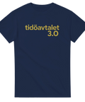 Marinblå t-shirt med aktuellt politiskt tryck i guld – satirisk stil