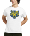 Svensk Tiger-tryck med solglasögon i gult och blått på vit t-shirt för herr.