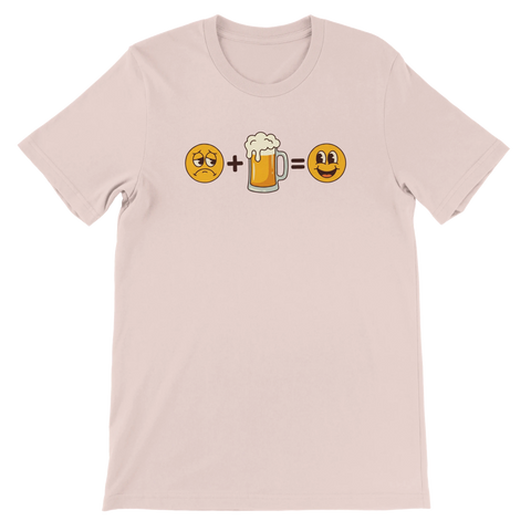 Ljusrosa t-shirt med smileys och en ölsejdel som bildar en ekvation.