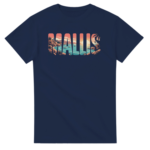 Retro landskapsillustration inuti texten Mallis på en marinblå t-shirt