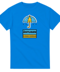 Tecknad glad paraply med regndroppar och text "ÄNTLIGEN SVENSK SOMMAR" på blå t-shirt.