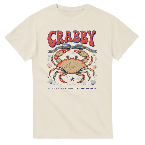 Retro illustration av en sur krabba med rosett – beige t-shirt