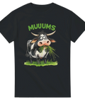 Svart t-shirt med en ko som tuggar gräs och texten MUUUMS

