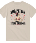 Vintage inspirerat tryck med humoristiskt citat på sandfärgad t-shirt
