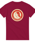 Satirisk illustration av en profil i cirkelmotiv på vinröd t-shirt