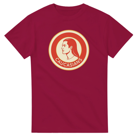 Satirisk illustration av en profil i cirkelmotiv på vinröd t-shirt