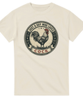 Gammaldags lantbruksemblem med en tupp och dubbeltydig humor – retro t-shirt