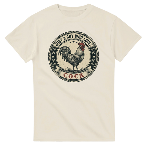 Gammaldags lantbruksemblem med en tupp och dubbeltydig humor – retro t-shirt