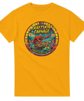 Action-inspirerad illustration av en vild svensk kräftskiva – gul t-shirt
