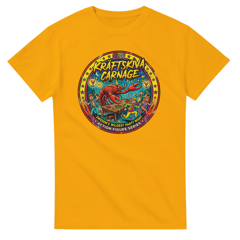 Action-inspirerad illustration av en vild svensk kräftskiva – gul t-shirt