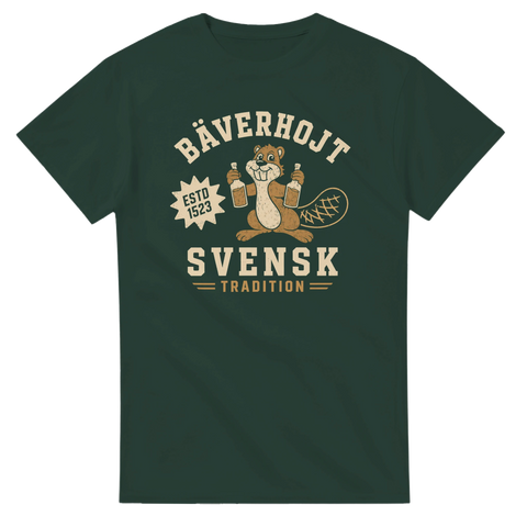 Illustrerad bäver i klassisk logostil med texten Bäverhojt – rolig t-shirt design