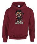 Seriefigur som skriker "Dra åt helvete" på en mörkröd Gildan hoodie med huva och magficka.